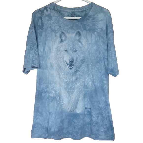 The Mountain 2013 Graphic Print Wolf T-Shirt Tie Dyed Blue Men's XL Snow Scene - Picture 1 of 5
